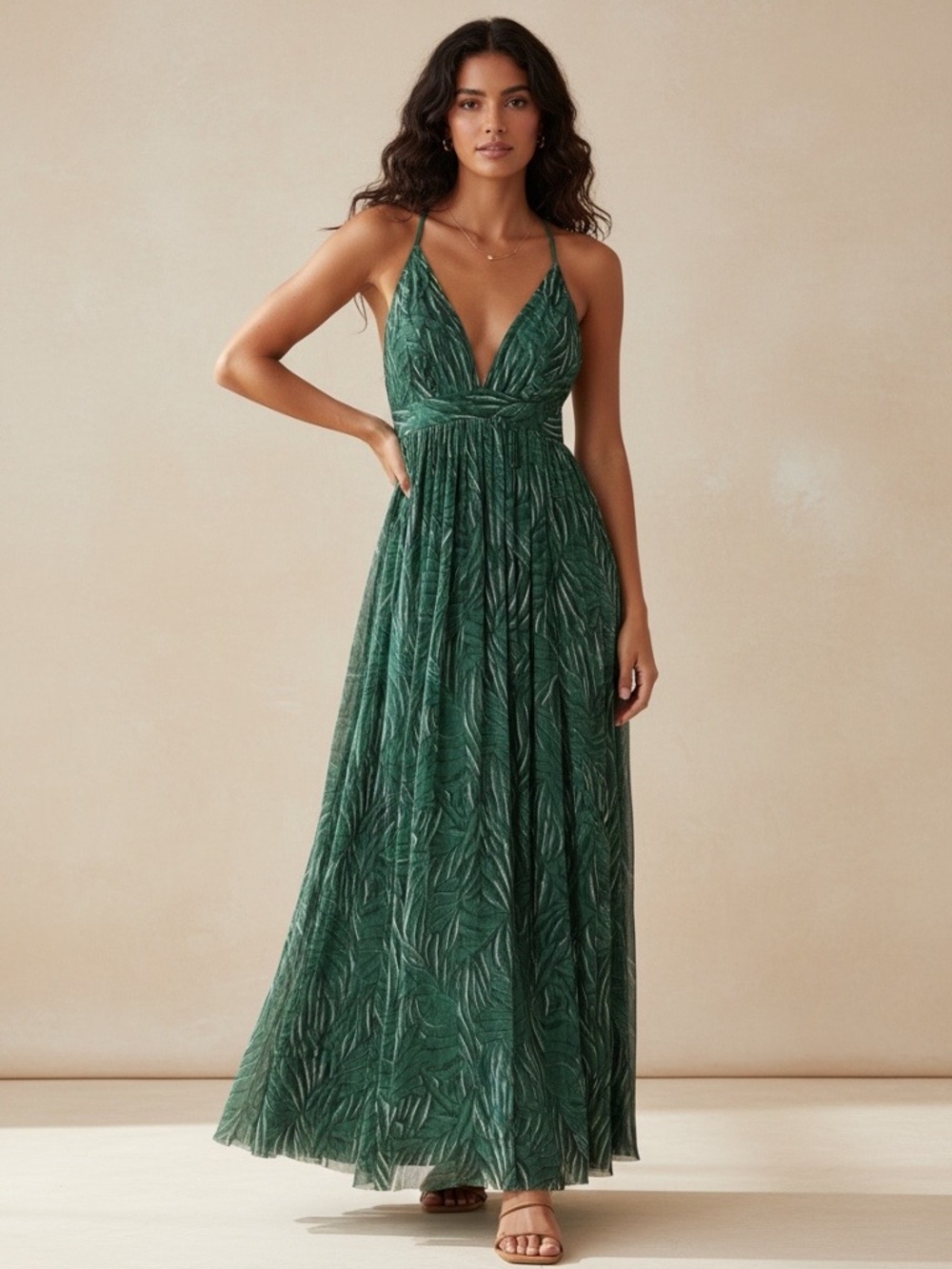 Luxxel Belgrade leaf print maxi dress